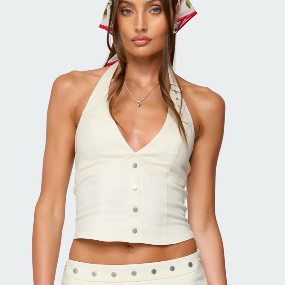 Edikted Cream Halter Button Crop Camisole